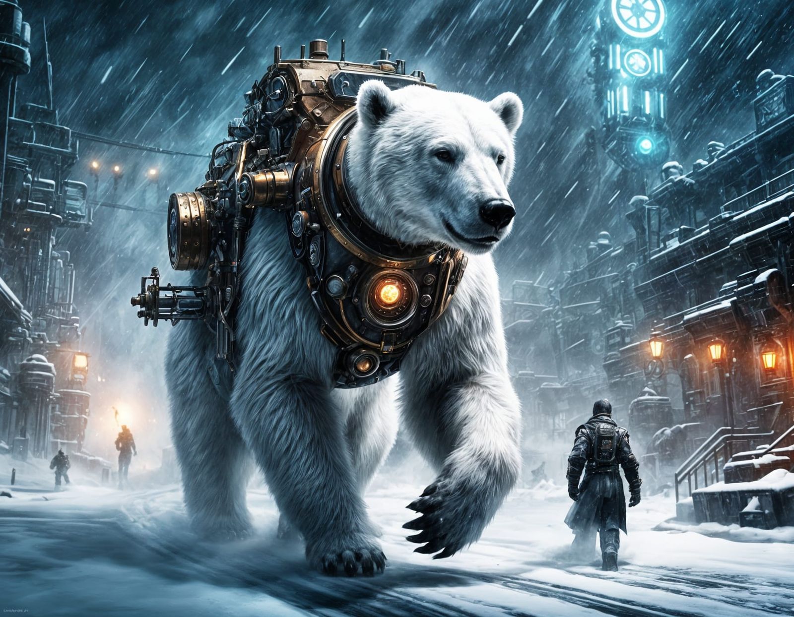 Steampunk Polar Bear in Blizzard: AetherPunk Portrait