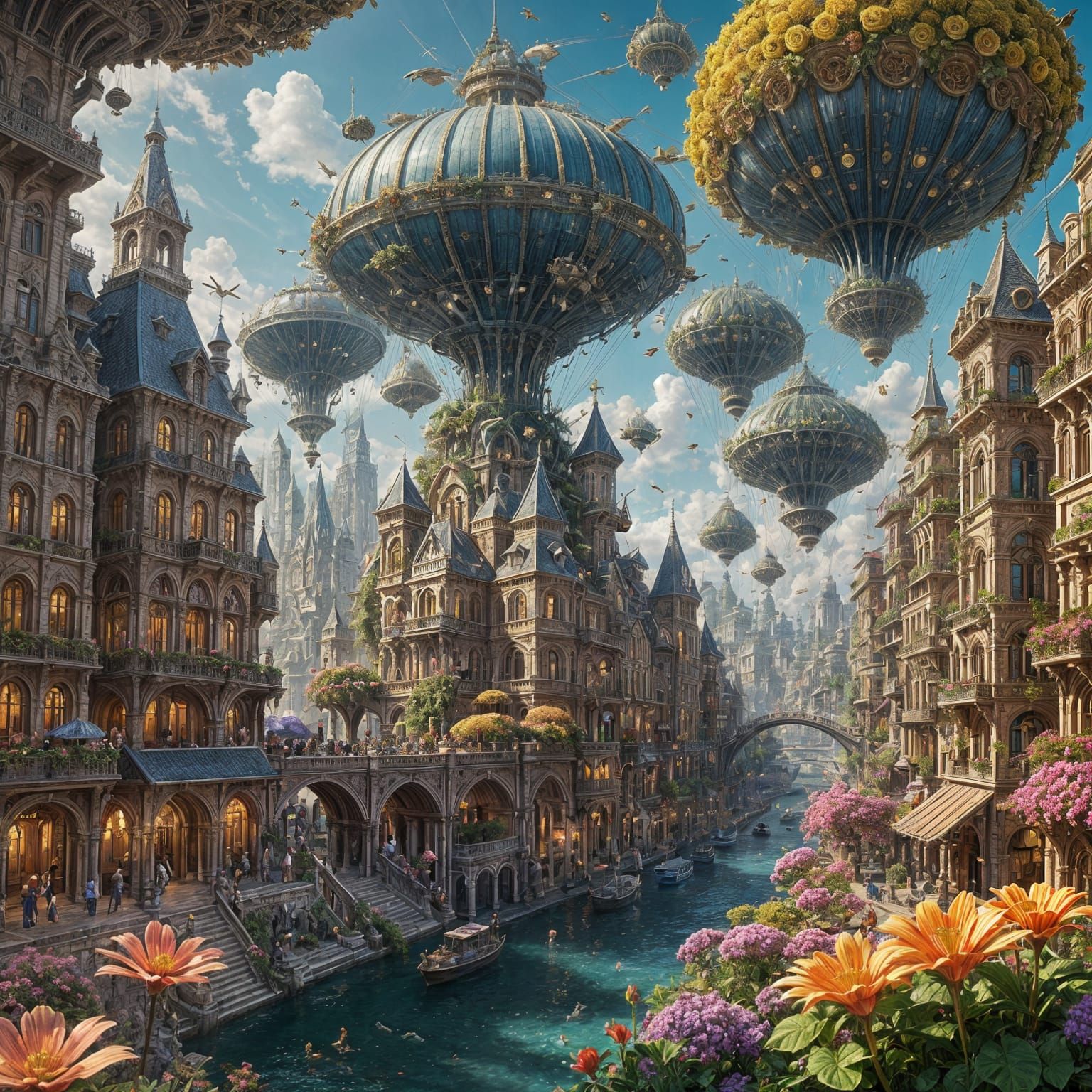 Colossal Flower City with Airships in Bright Sunlight