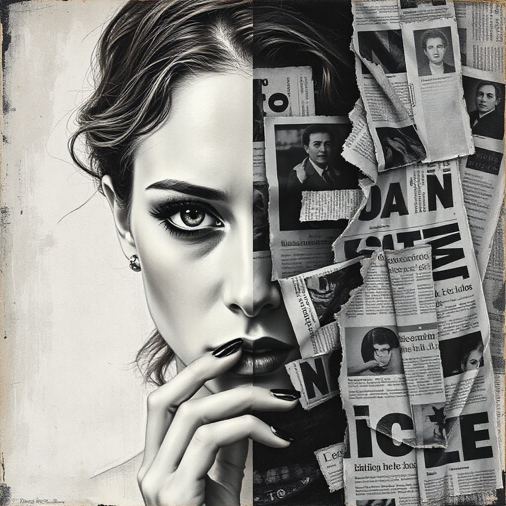 Split Portrait: Impressionistic Sepia Meets Newspaper Collag...