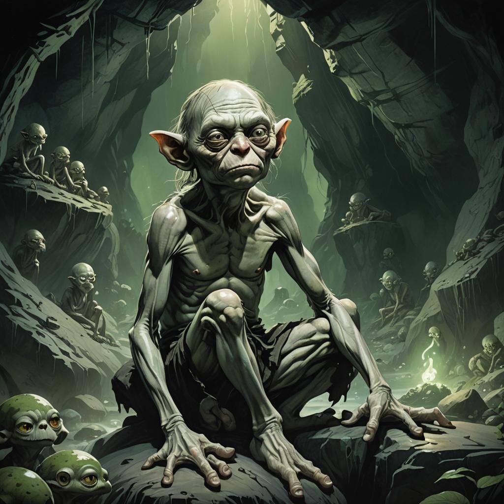 Gollum in Dimly Lit Cave: Dark Fantasy Art