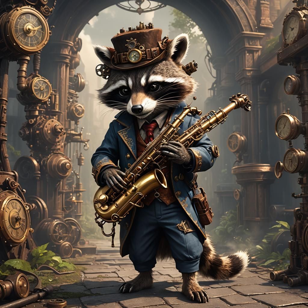 Steampunk Raccoon Saxophonist: Detailed Matte Painting
