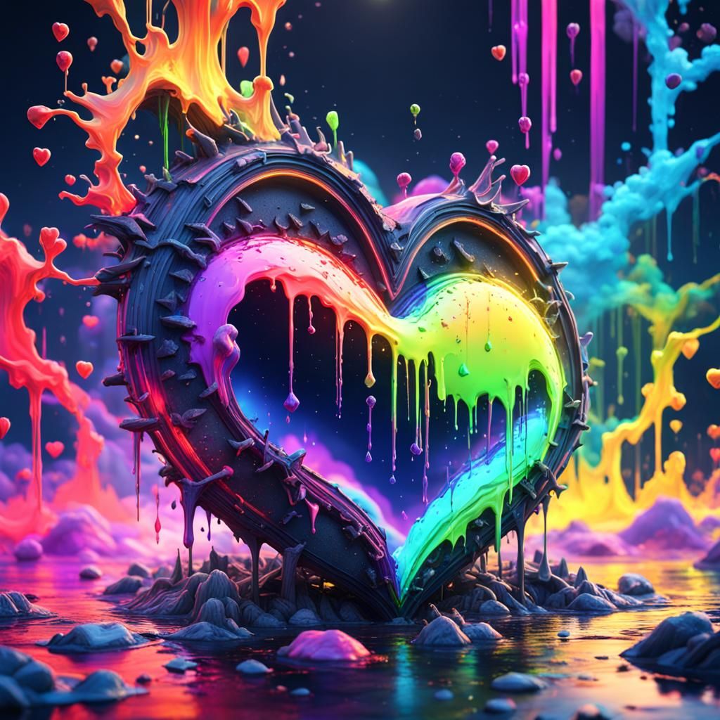Rainbow Heart Leaking Neon Paints in Dark Sky