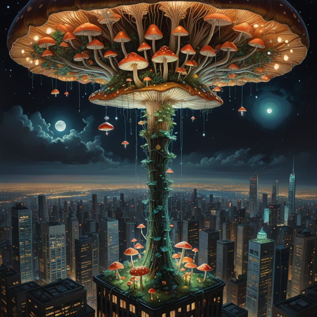 Fantasy Fairy Mushroom Blooms Above City Skyscrapers in Whim...