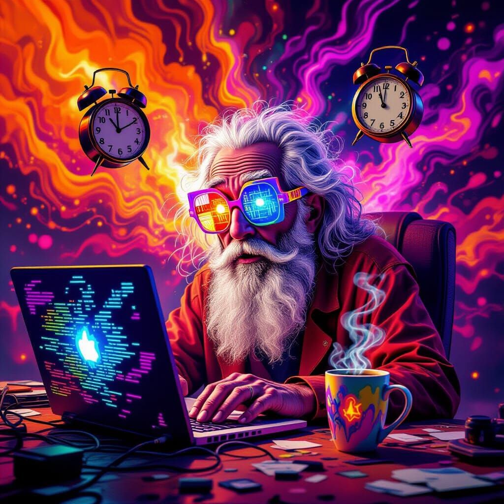 Psychedelic Old Man Stares at Laptop Screen