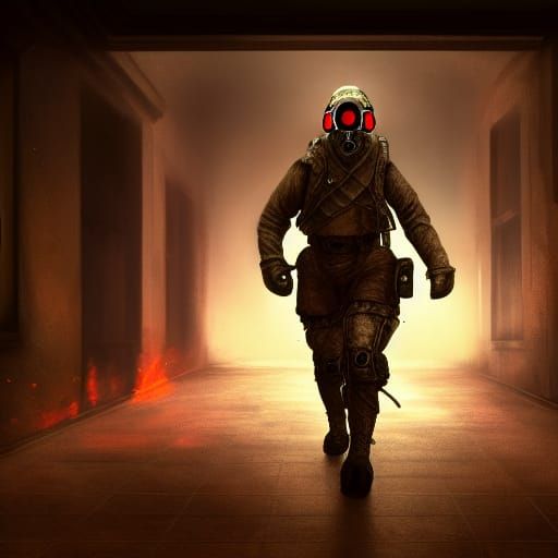 Futuristic Soldier in Burning Hallway: Matte Painting