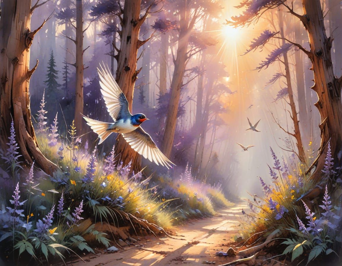 Swallow in Cedar Forest: Watercolor Sunrise