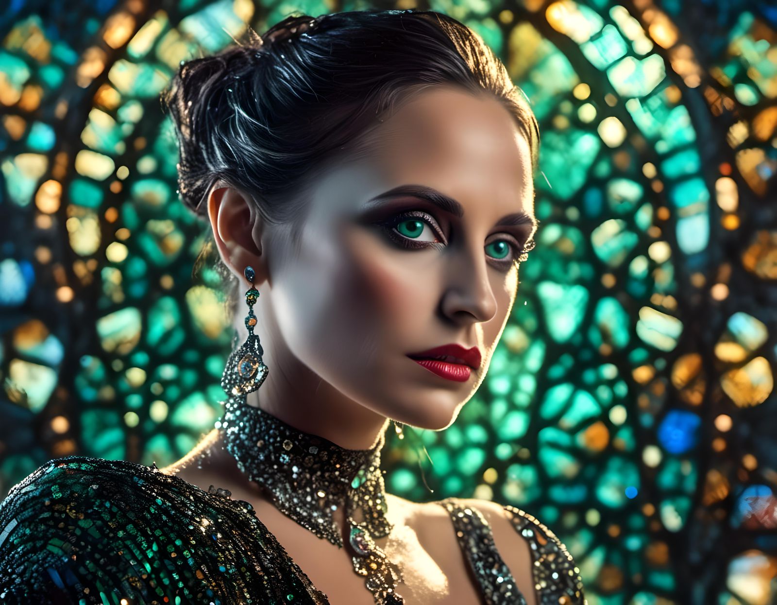 Woman in Stained Glass Gown, Detailed Matte Painting