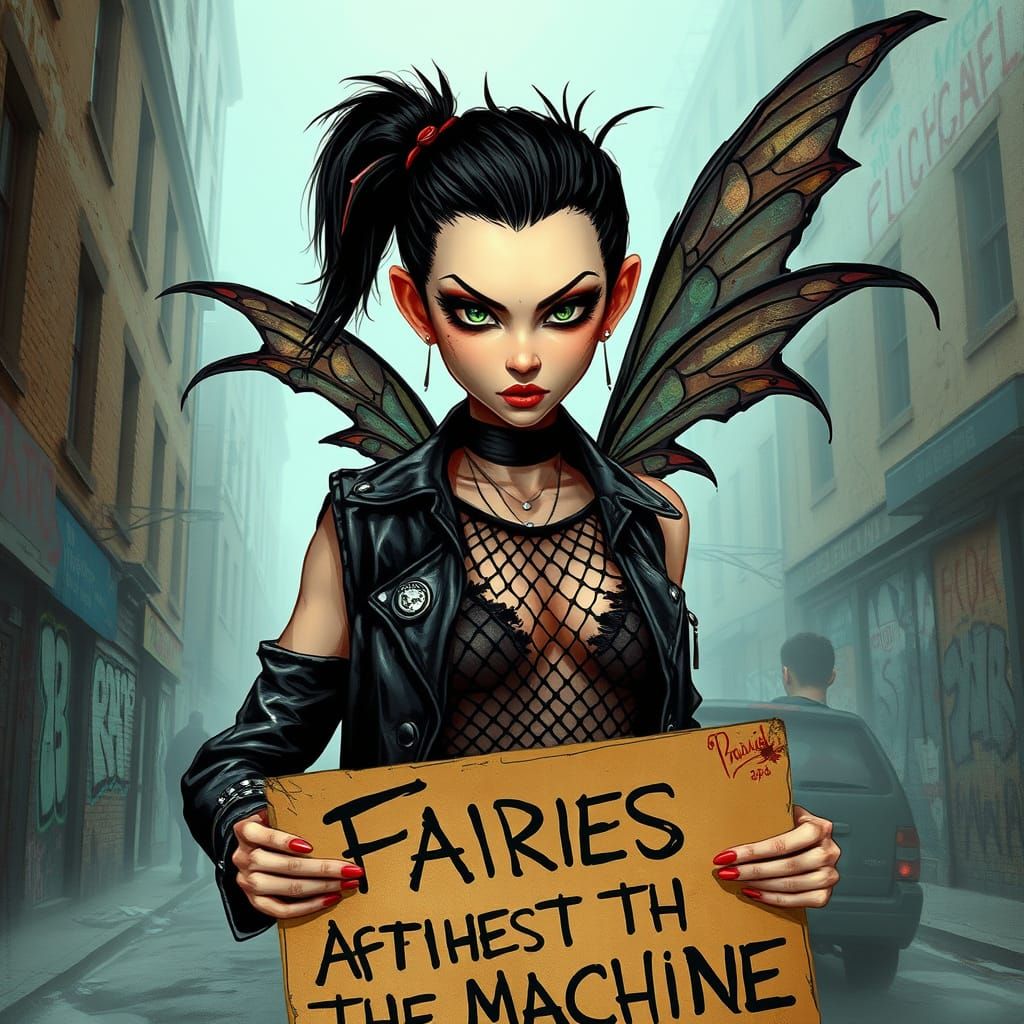 Goth-Punk Fairy Protests in a Crumbling Cityscape