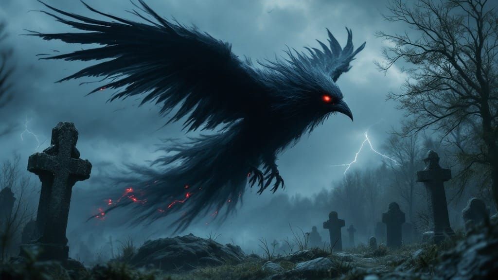 Dark Spirit Raven Soars Over a Haunted Graveyard