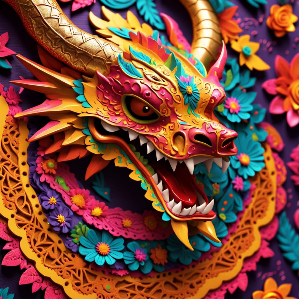 Vibrant Mexican Folk Art: Crying Dragon Close-Up