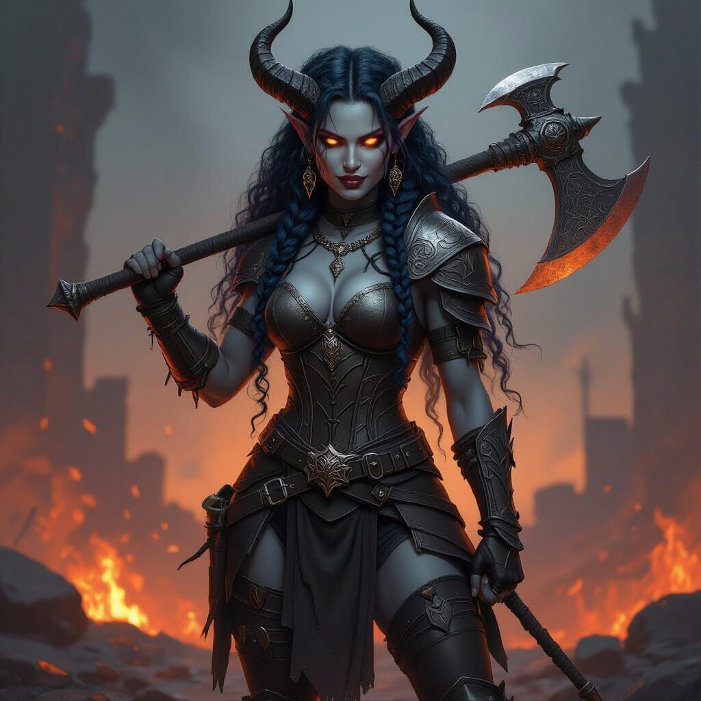 Infernal Tiefling Barbarian Woman in Battle-Ready Pose