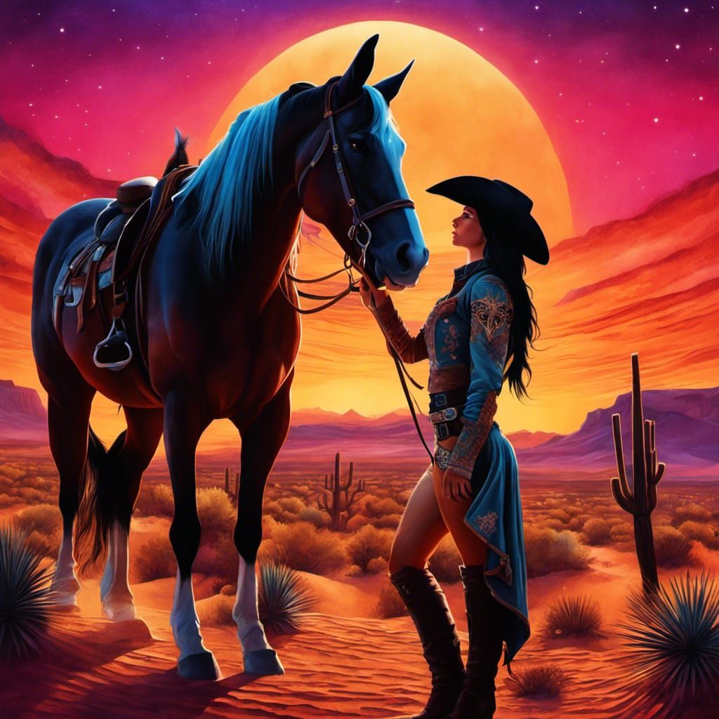 Cowgirl in Desert Town at Sunset, Digital Art