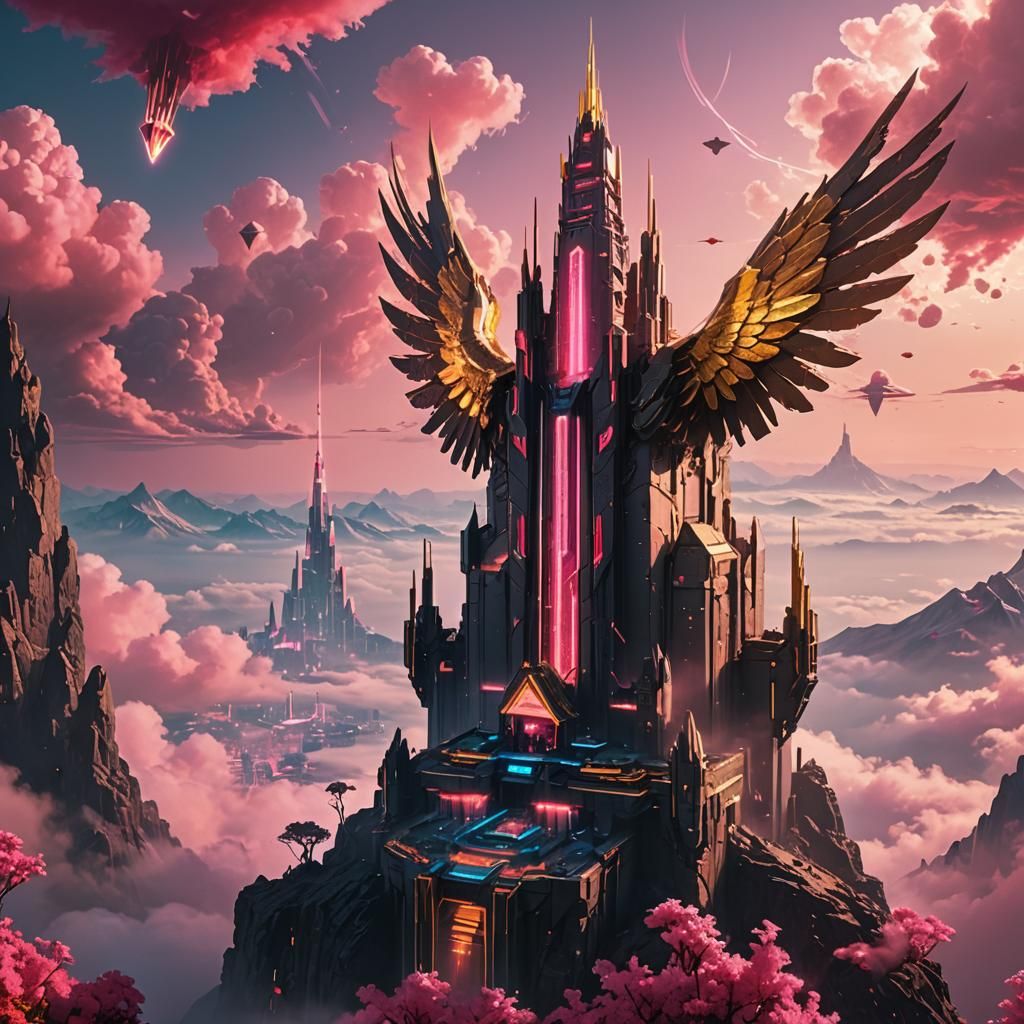 Golden Tower with Angel Wings in Cyberpunk Style
