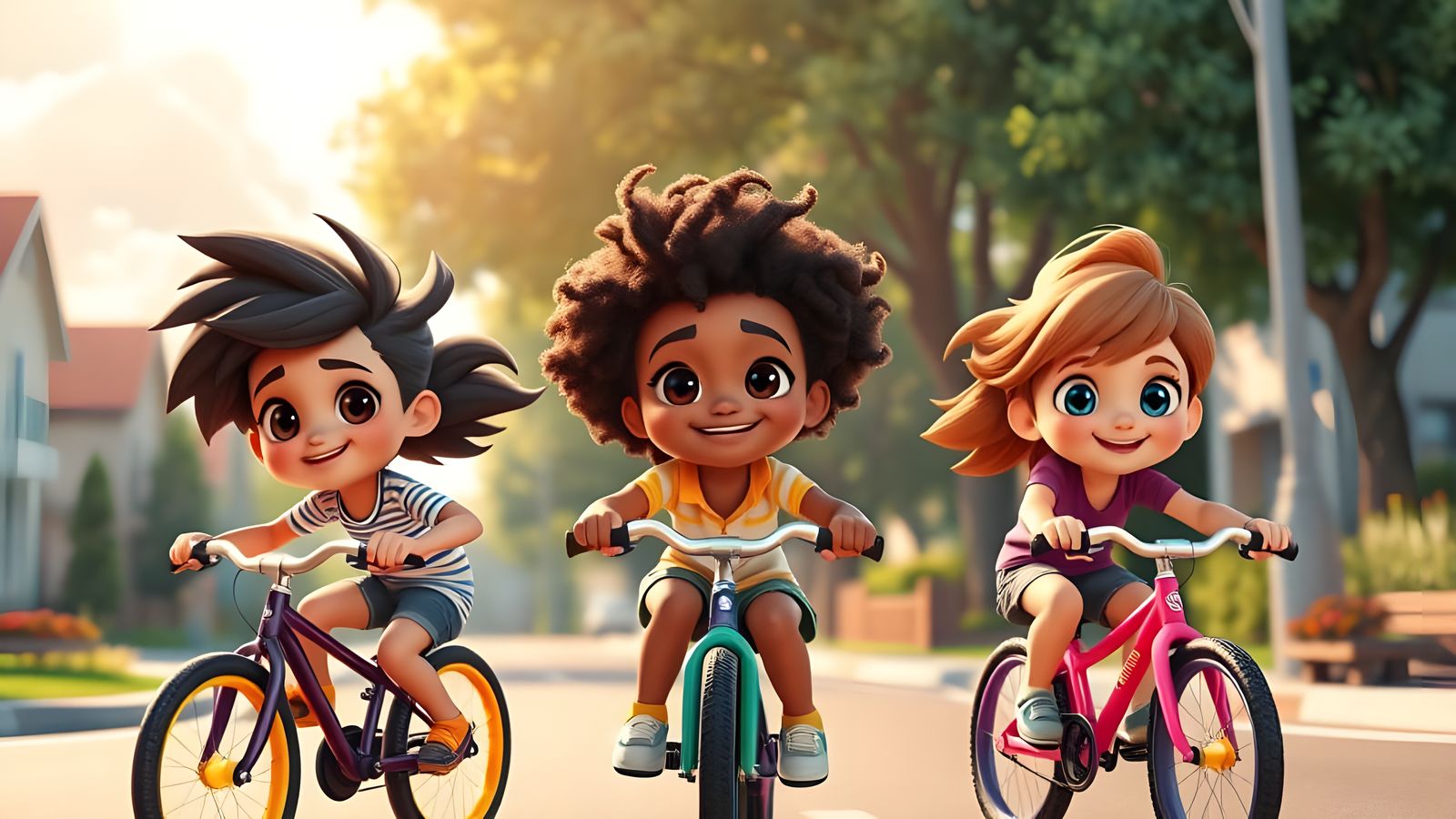 Joyful Kids Biking in Disney-Style Illustration