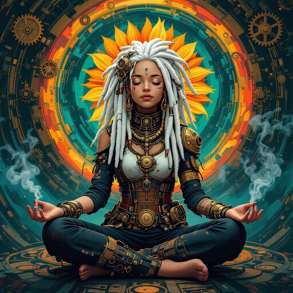 Steampunk Girl Meditating in Vibrant Colors