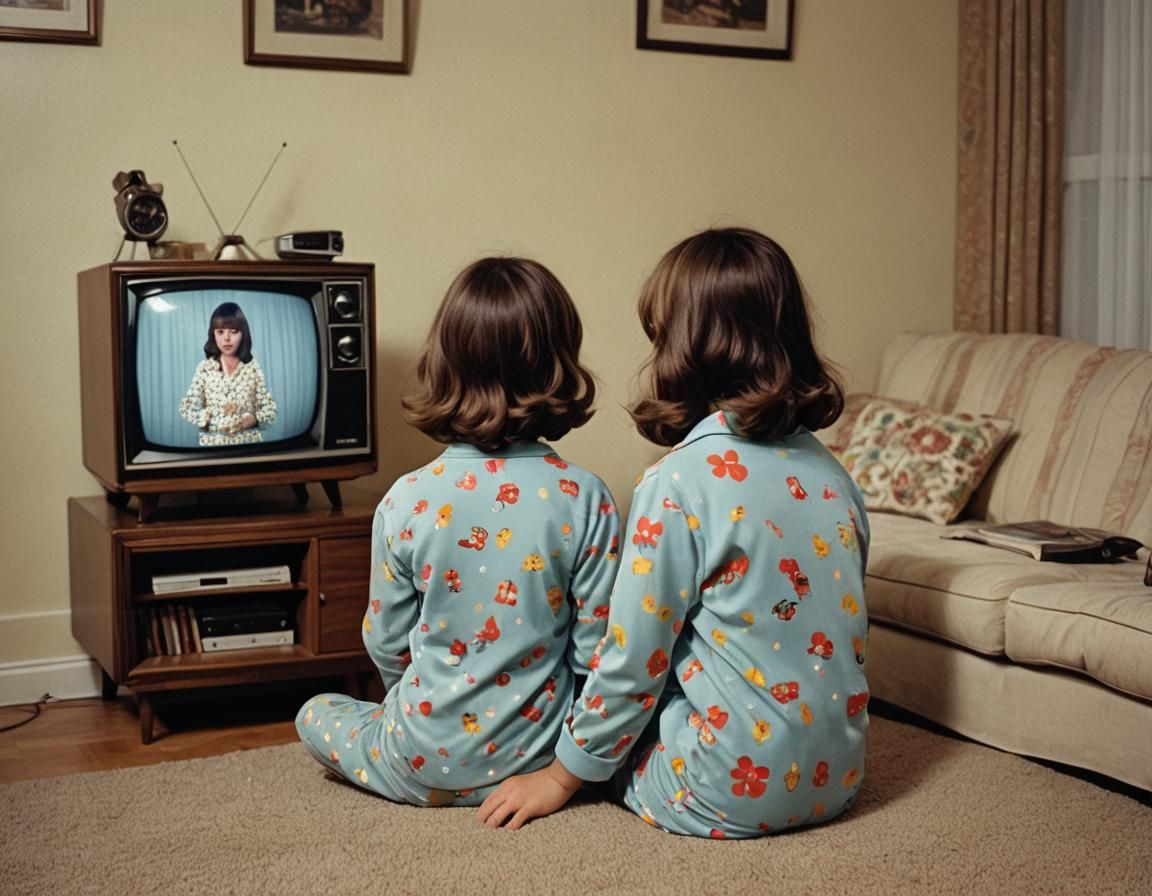 Girl in Pajamas Watching 1970s Cartoons