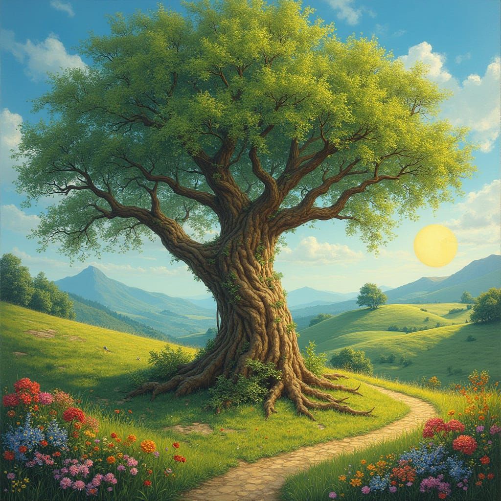 Ethereal Tree in Vibrant Spring Landscape
