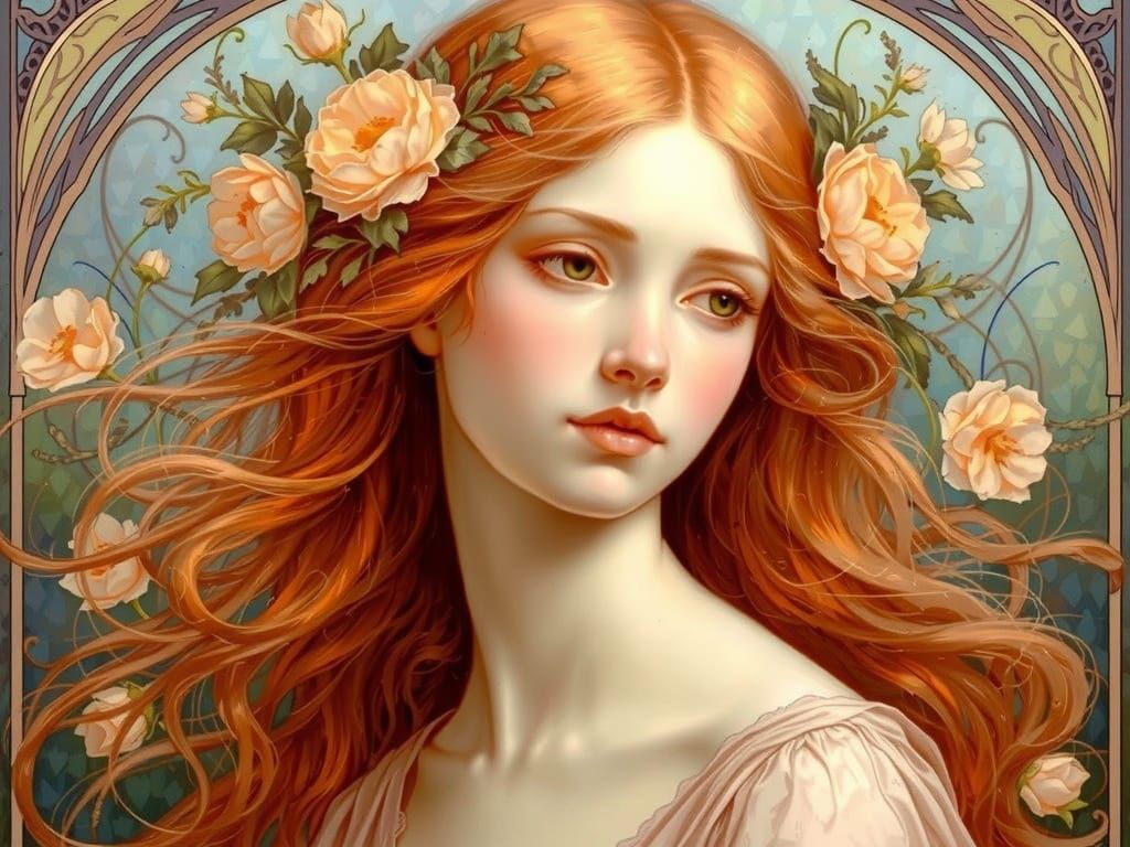 Girl with Flowers in Art Nouveau Style