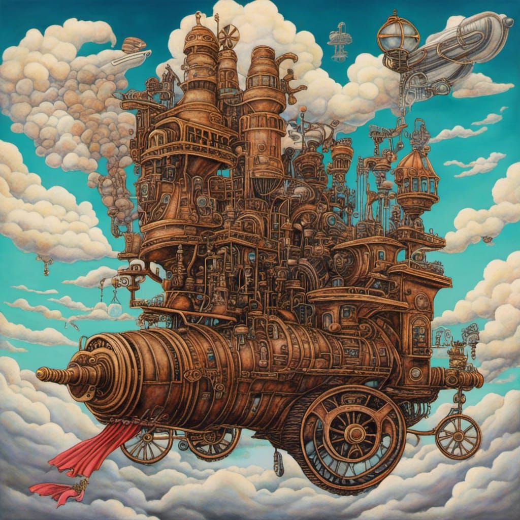 Steampunk City in the Clouds with Intricate Engine