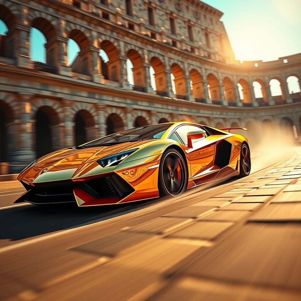 Dynamic concept art. Low-angle shot. A gold Lamborghini Aventador SVJ racing around the Colosseum's ancient stone track....