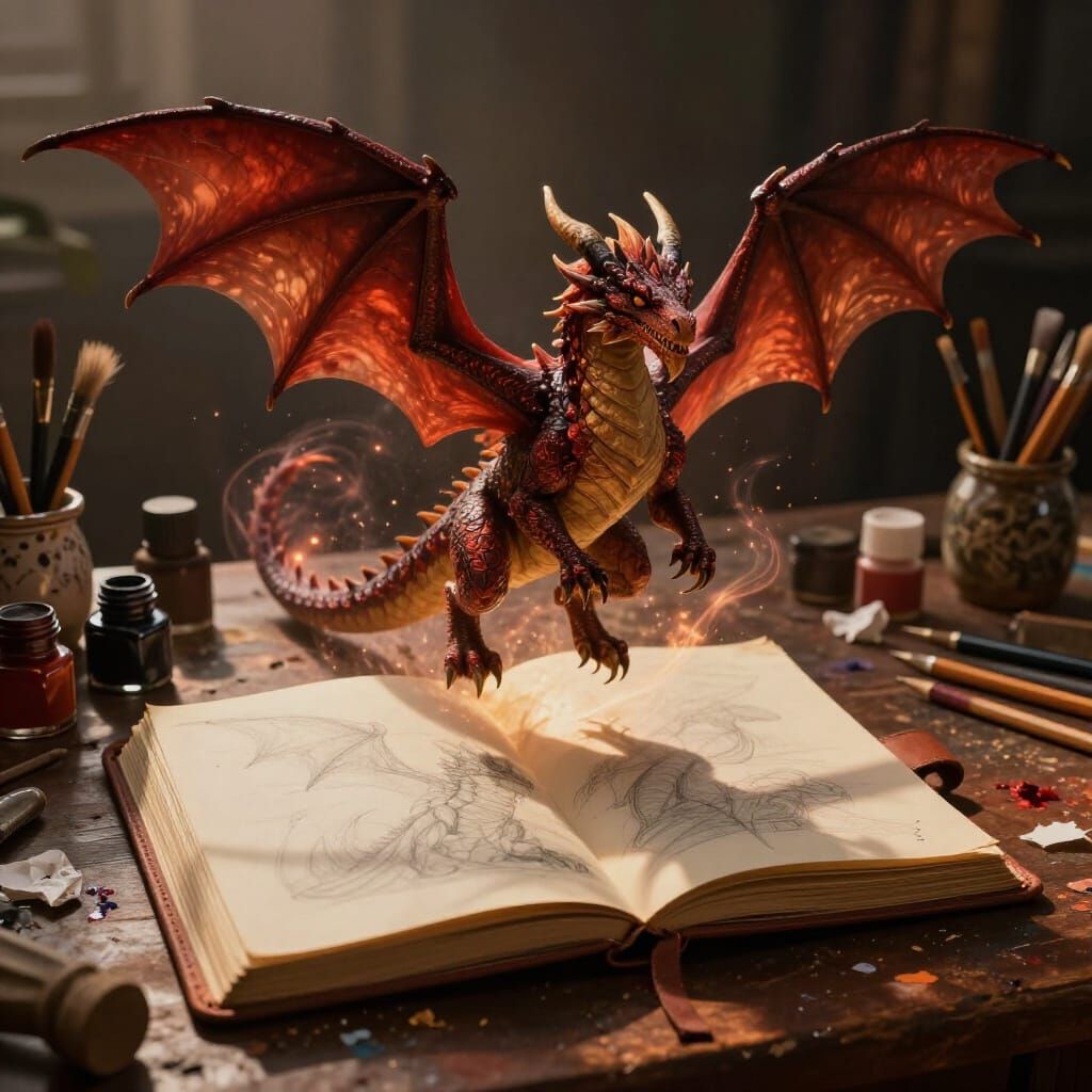Dragon Emerges from Vintage Sketchbook on Artist's Desk