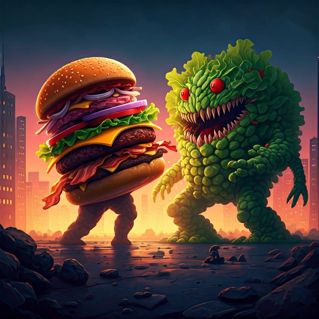 Burger Monster vs Salad Monster in Whimsical City