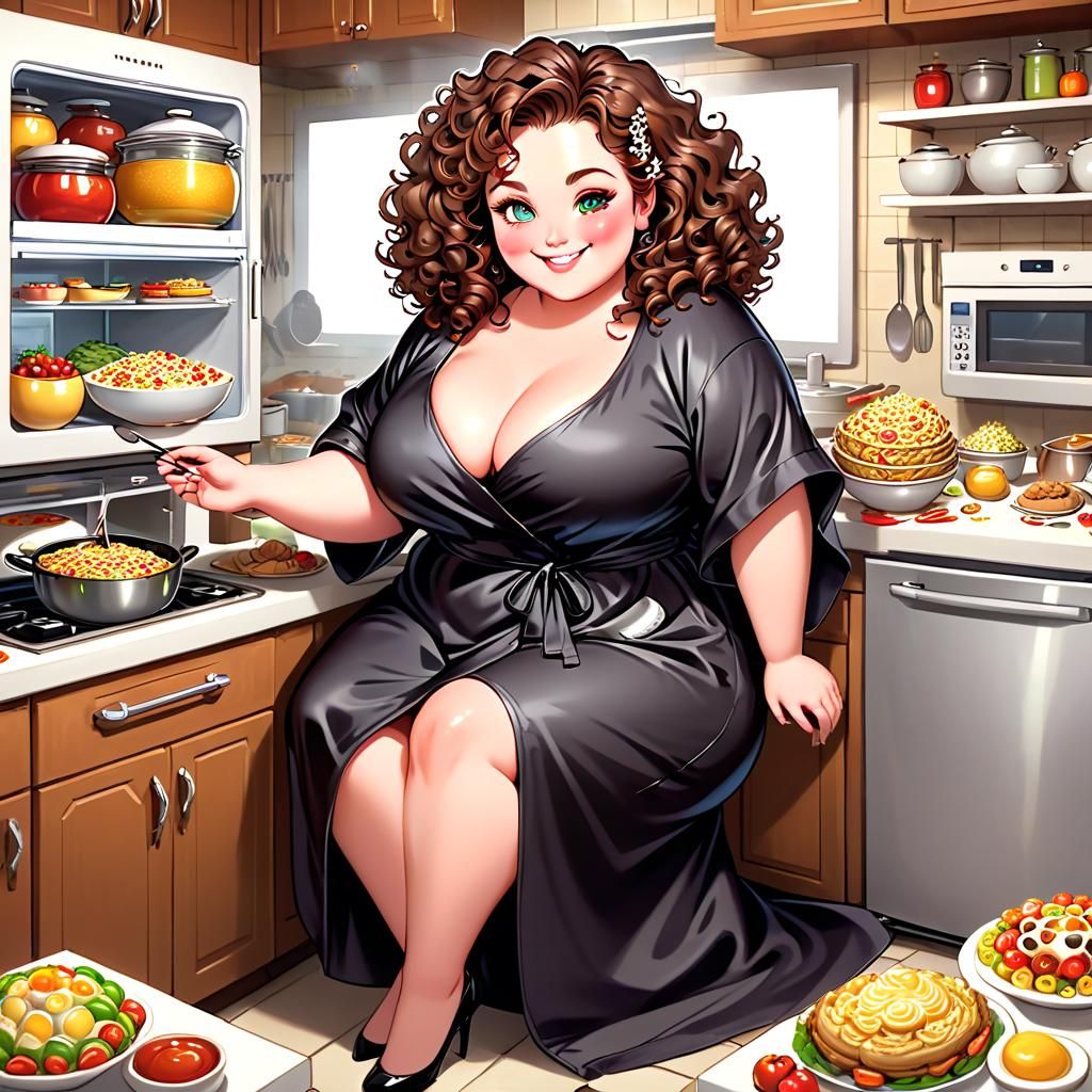 Plus Size Woman in Kitchen Made of Food