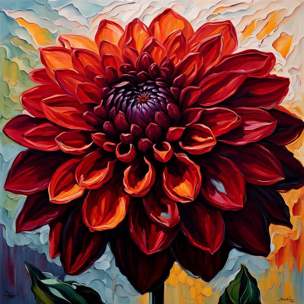 Vibrant Red Dahlia Painting in Expressive Impasto Style