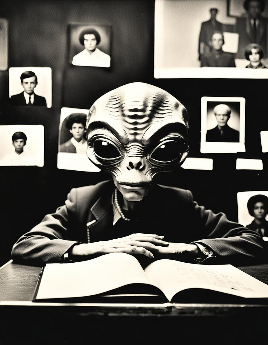 Alien Yearbook Portrait in Retro Black and White