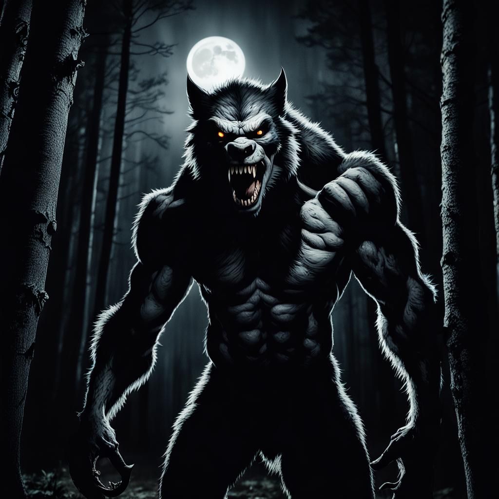 Dramatic Werewolf Under Full Moon in Cinematic Style