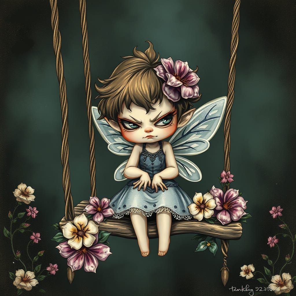 Grumpy Fairy on Floral Swing in Kawaii Style