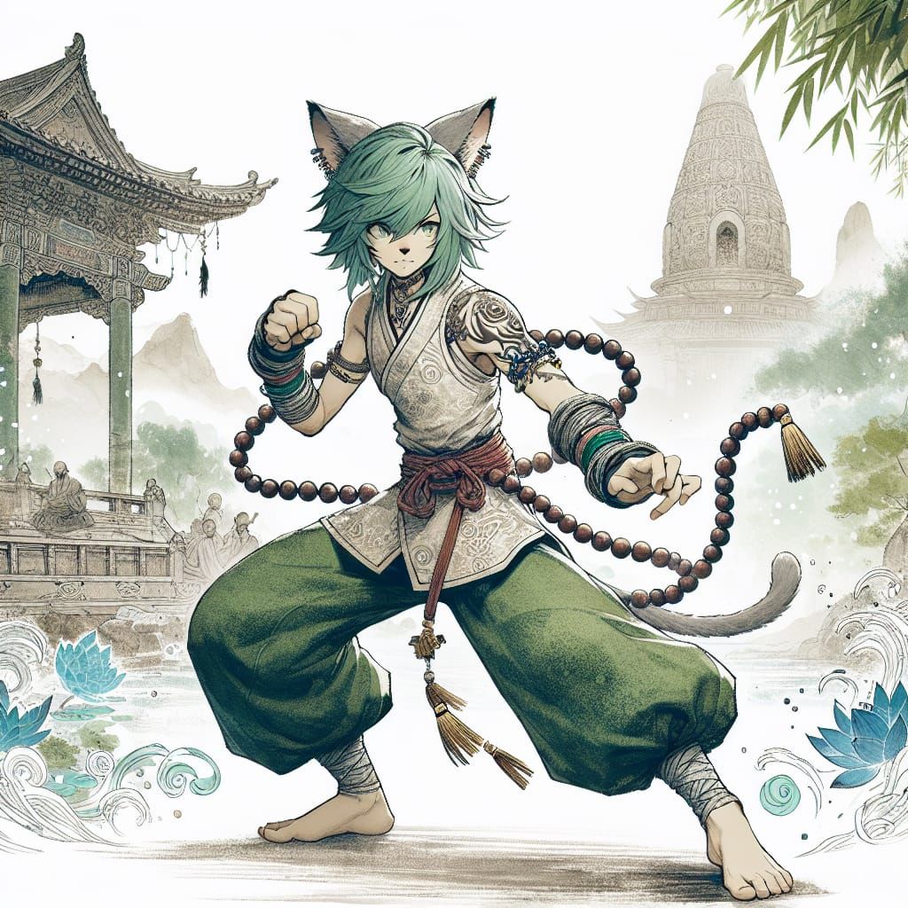 Neko Warrior in Temple Garden