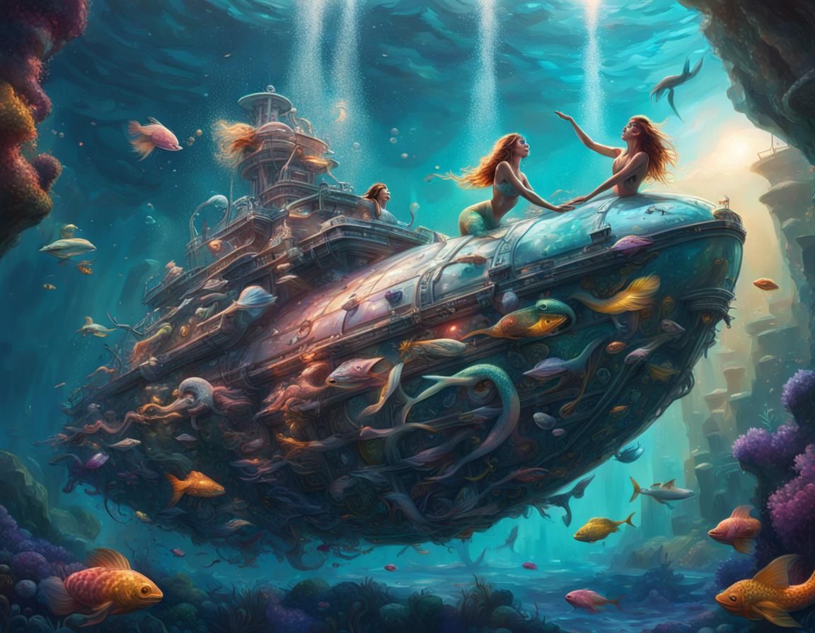 Mermaids Building Spaceship Underwater: Hyperrealistic Splas...