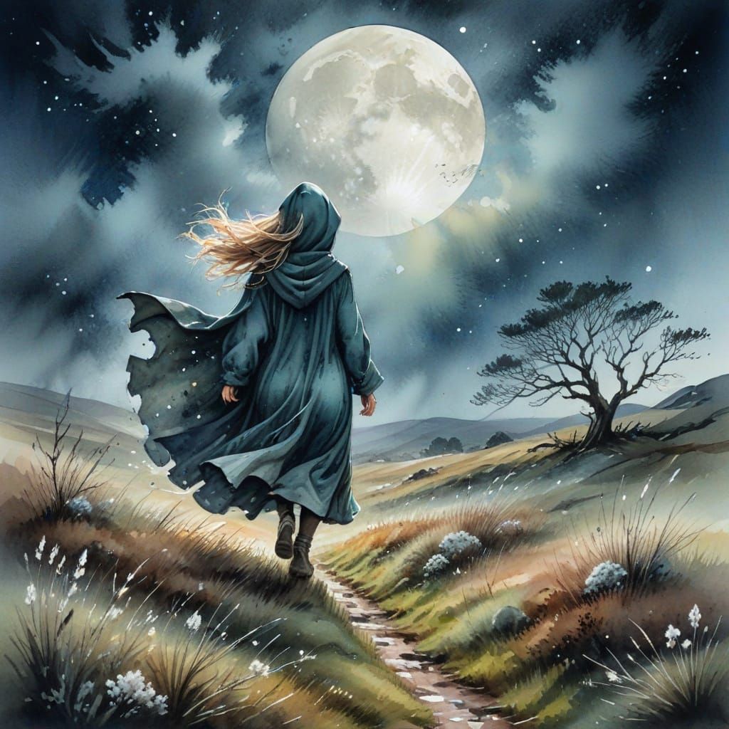 Moonlit Yorkshire Moorland with Woman in Cloak