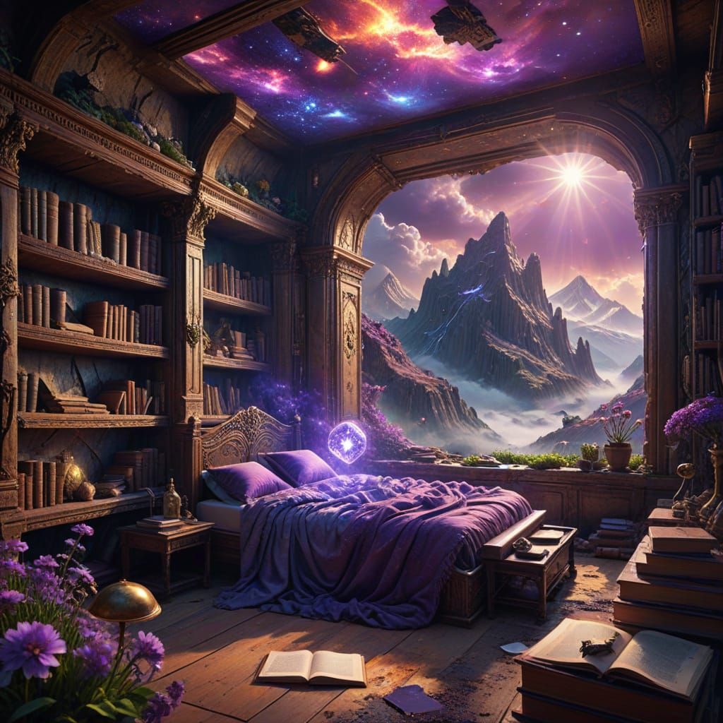 Golden Cave Library in a Cosmic Mountain Oasis