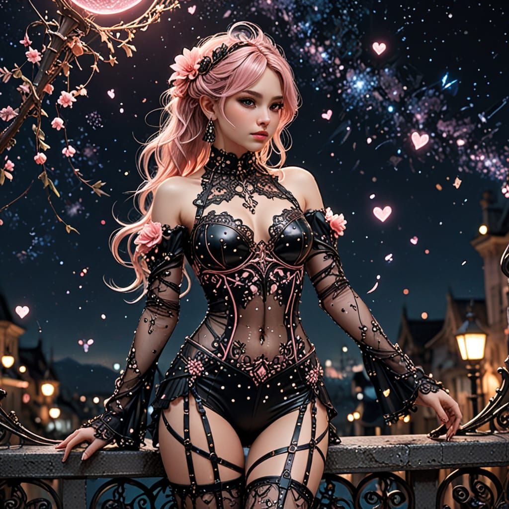 Chibi Women in Floral High Heels under a Surreal Night Sky