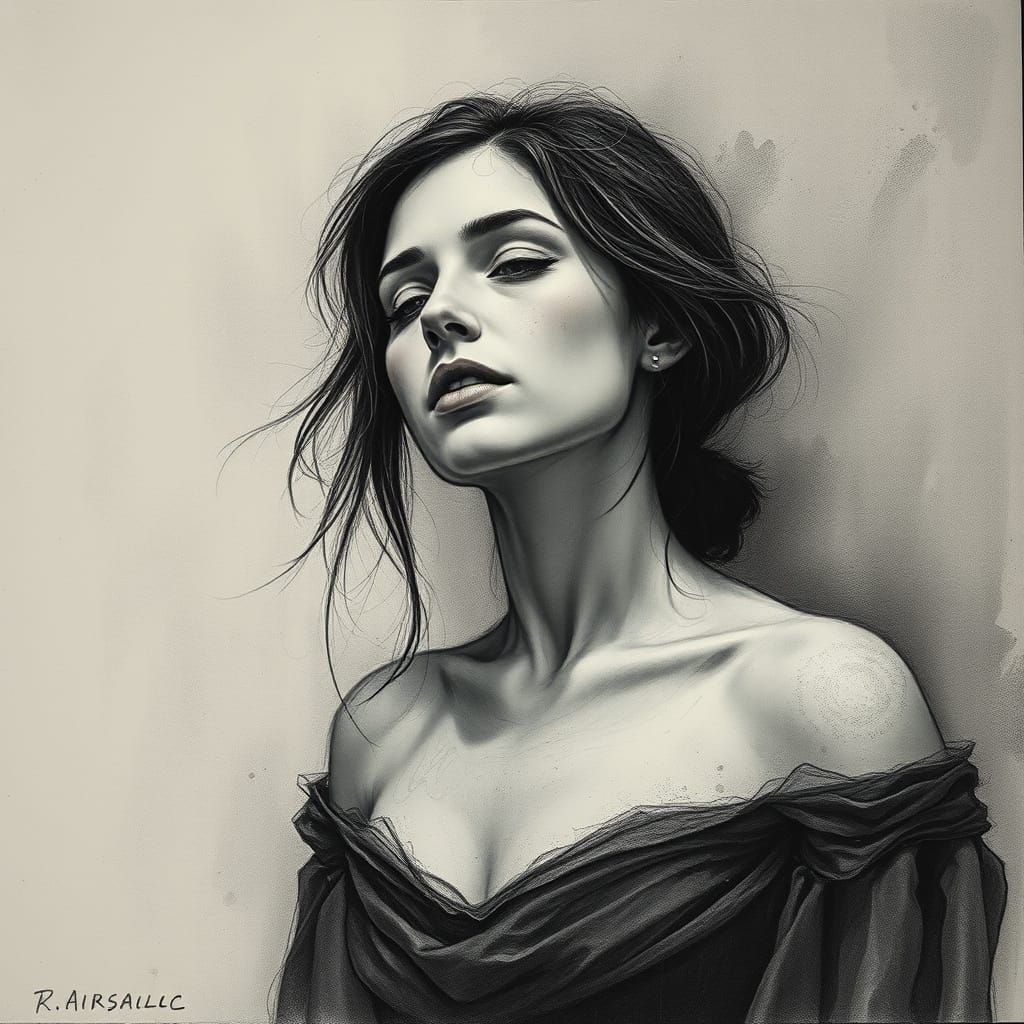 Woman in Thought: Hyperdetailed Charcoal Rendering
