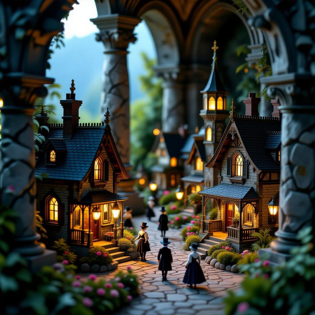 Miniature Steampunk Kingdom Inside Stone Columns