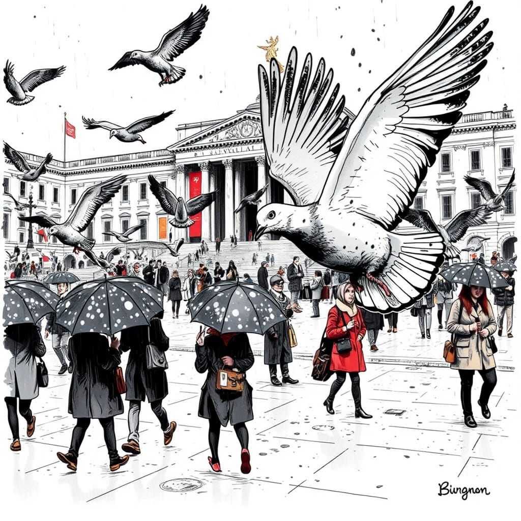 Pigeons in Trafalgar Square: Pen and Ink Drawing