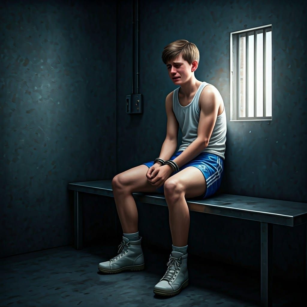 Distressed Youth in Jail Cell: Hyper-Realistic Portrait