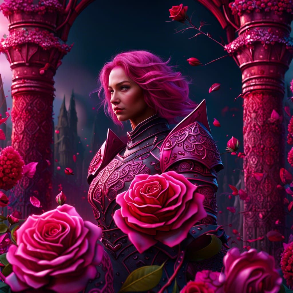 Rose Knight in a Fantastical Landscape, 8K Resolution