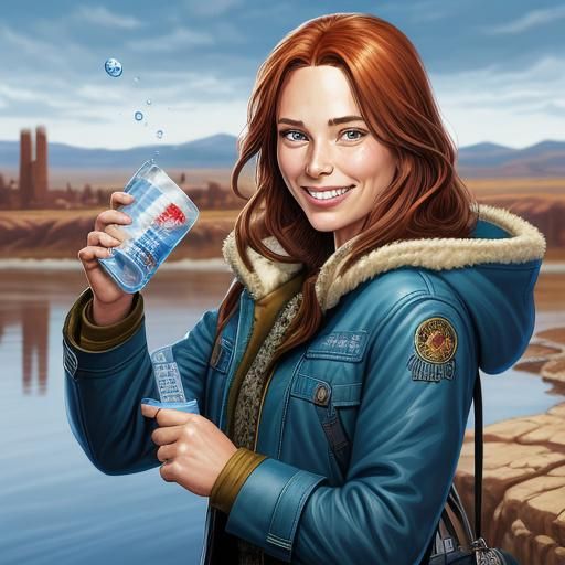 Female Model Drinks Water, Comic Book Art Style