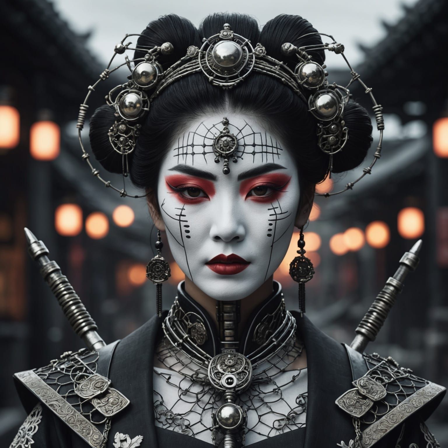 Geisha with Barbed Wire Crown in Hyperreal Style