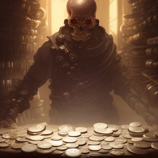 Coin-Eyed Trader in Dark Fantasy Shop
