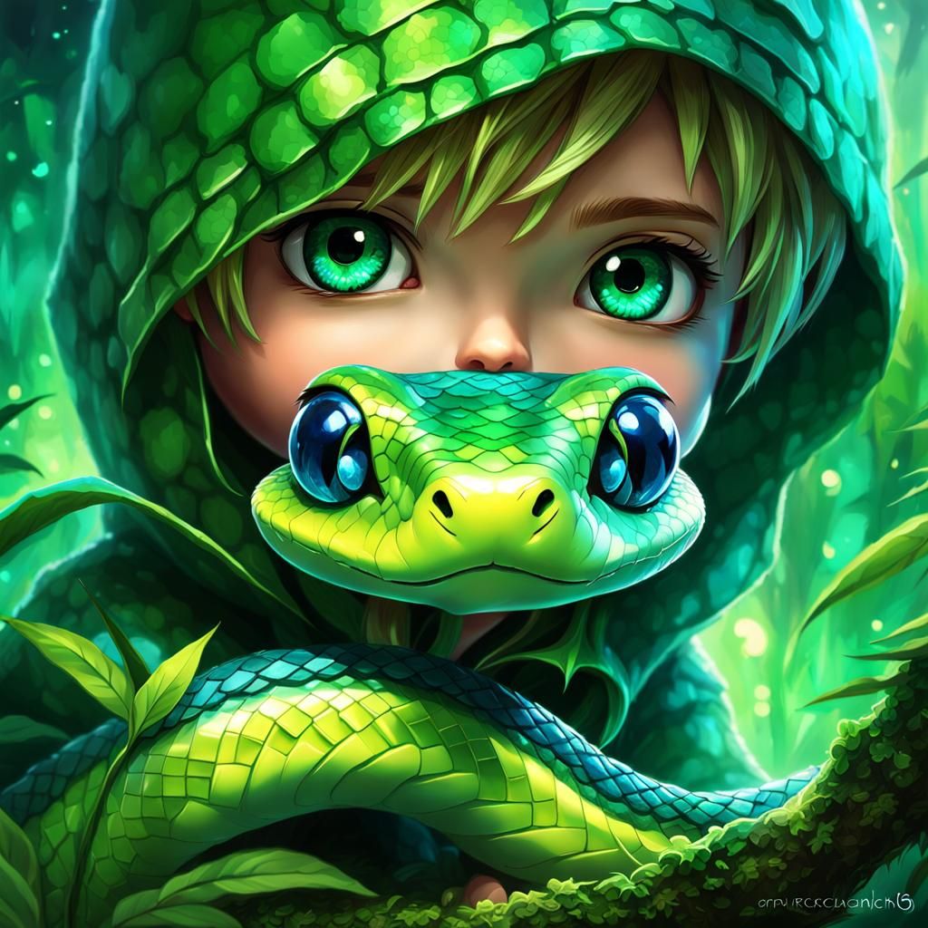 Enchanting Chibi Snake in Jungle, Digital Art