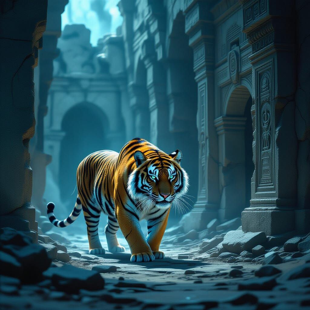 Colossal Bioluminescent Tiger in Ancient Ruin