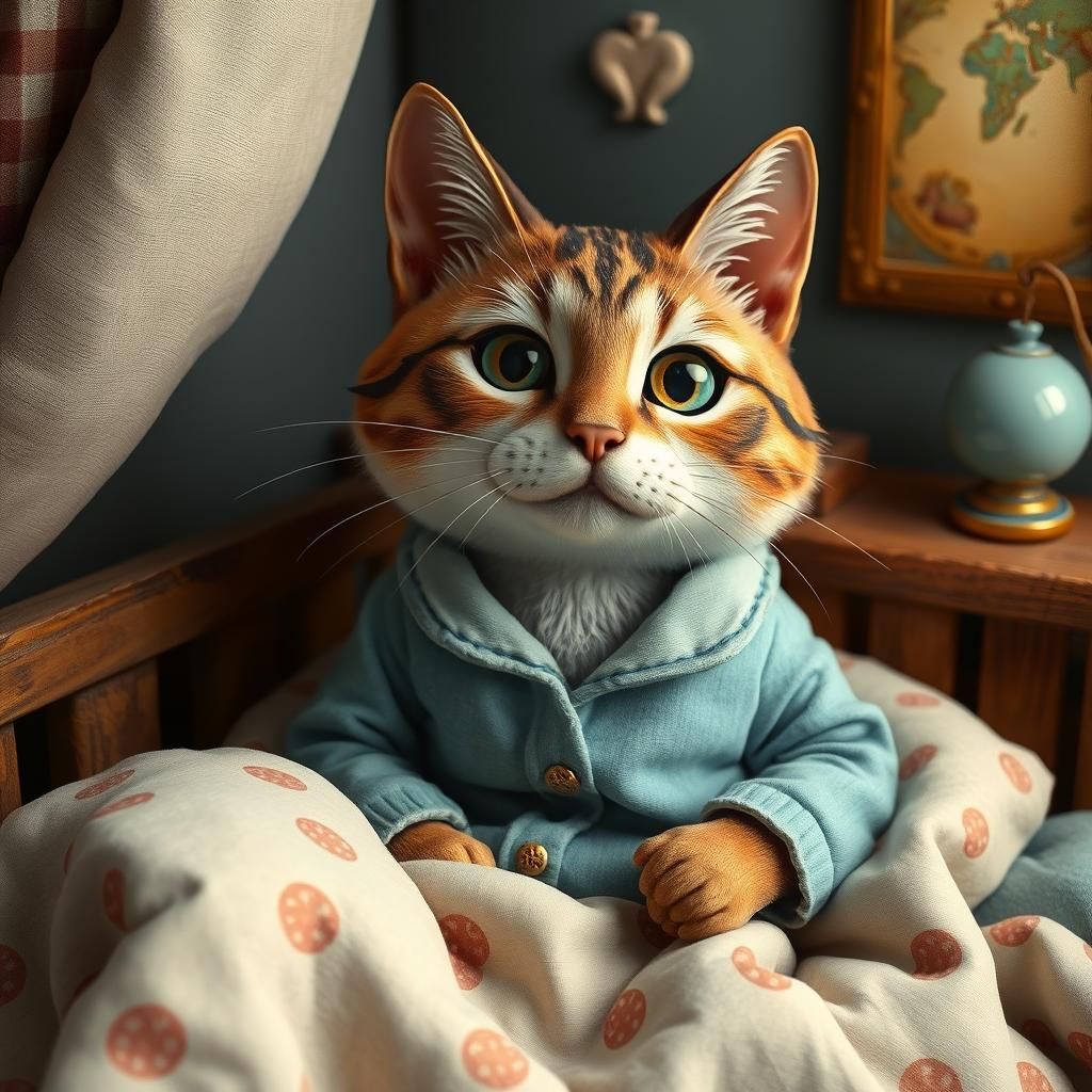 Cat in Pajamas, Folk Art Style 3D Render