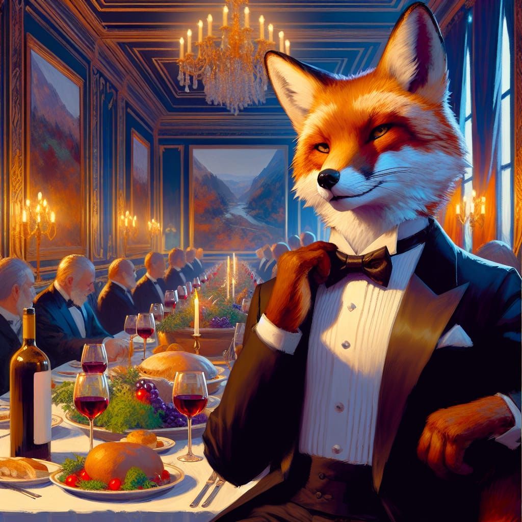 Anthropomorphic Fox in Tuxedo at Grand Dinner Party