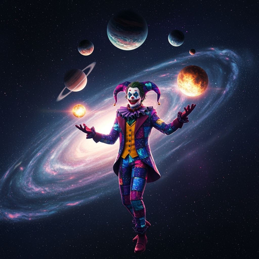 Cosmic Joker Juggles Planets in Psychedelic Space Art