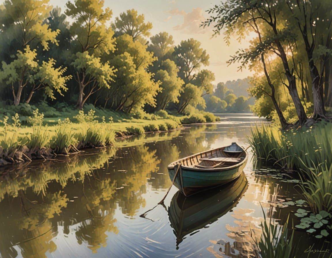 Late Summer River Scene with Rowboat
